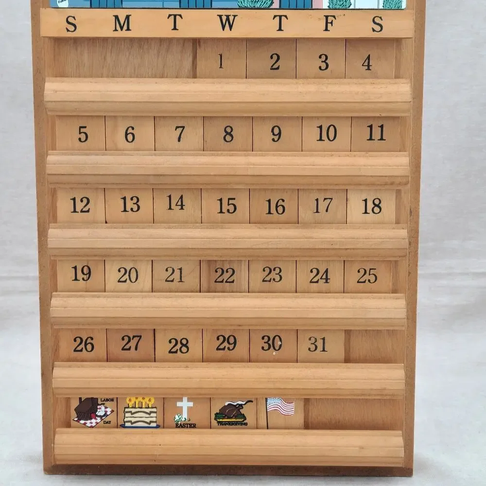 Vtg Wood Perpetual Calendar Complete Cottage Grannycore 80s 90s Farmhouse Tiles